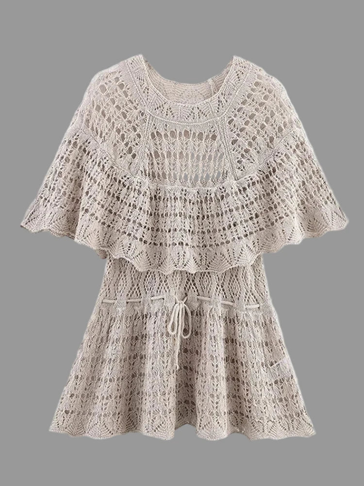Hollow Out Loose Lace Up Pleated O-Neck Short Sleeve Blouse