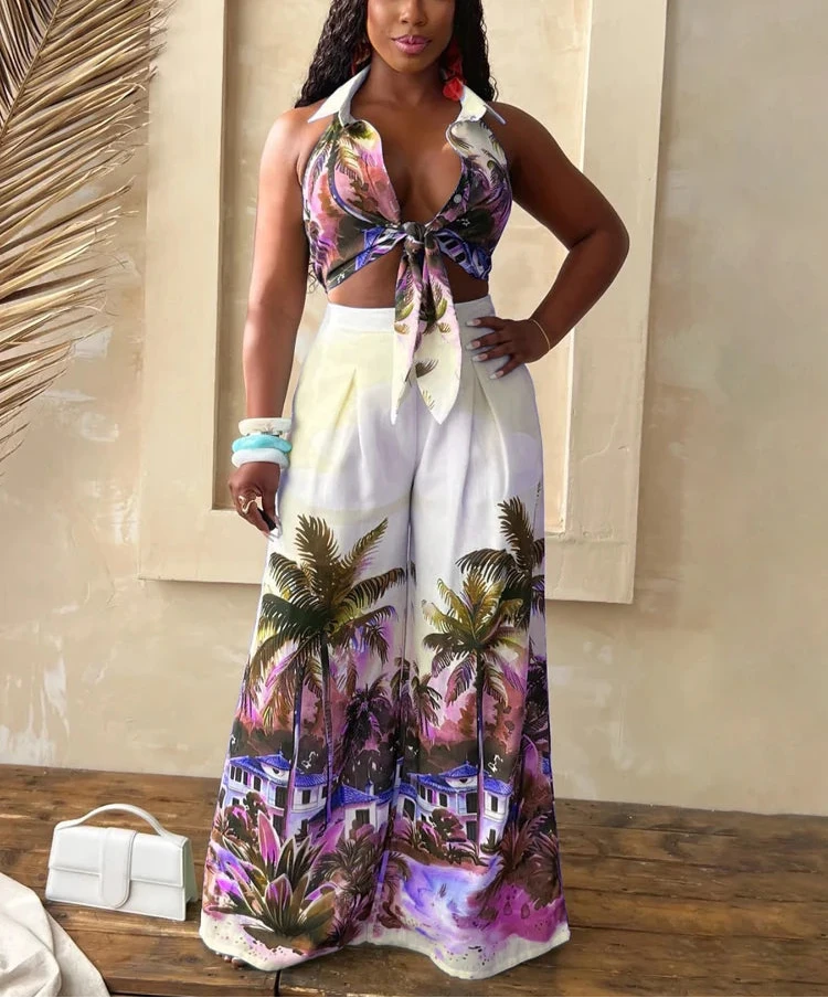 Printed Women's Sleeveless Tie Up Blouse with Turn Down Collar and Wide Leg Pant Set