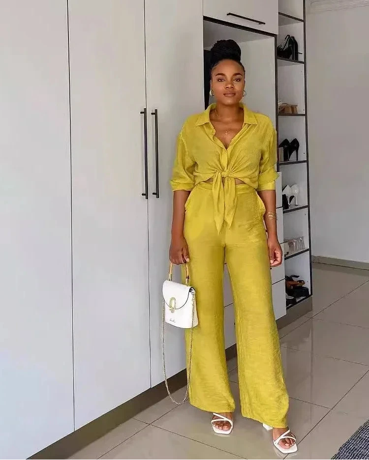Women's Full Sleeve Single Breasted Shirts & Wide Leg Pants Set