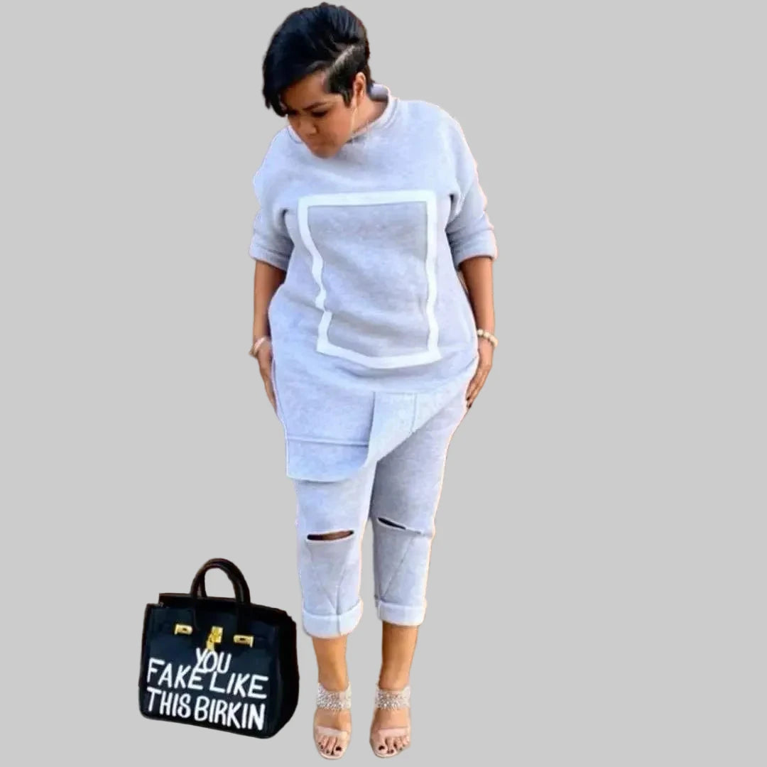 Women's Fleece Patchwork Active wear Crewneck Sweatshirt + Holes -in- Pants Set