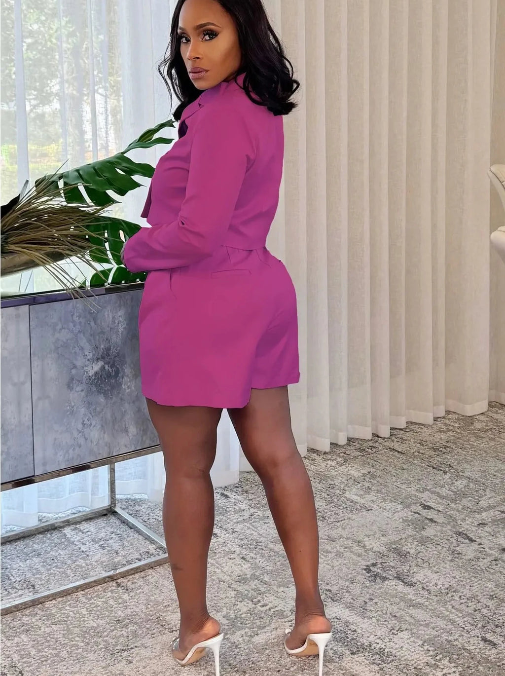 Women's Long Sleeve Notched Neck Blazer Top + Shorts Set