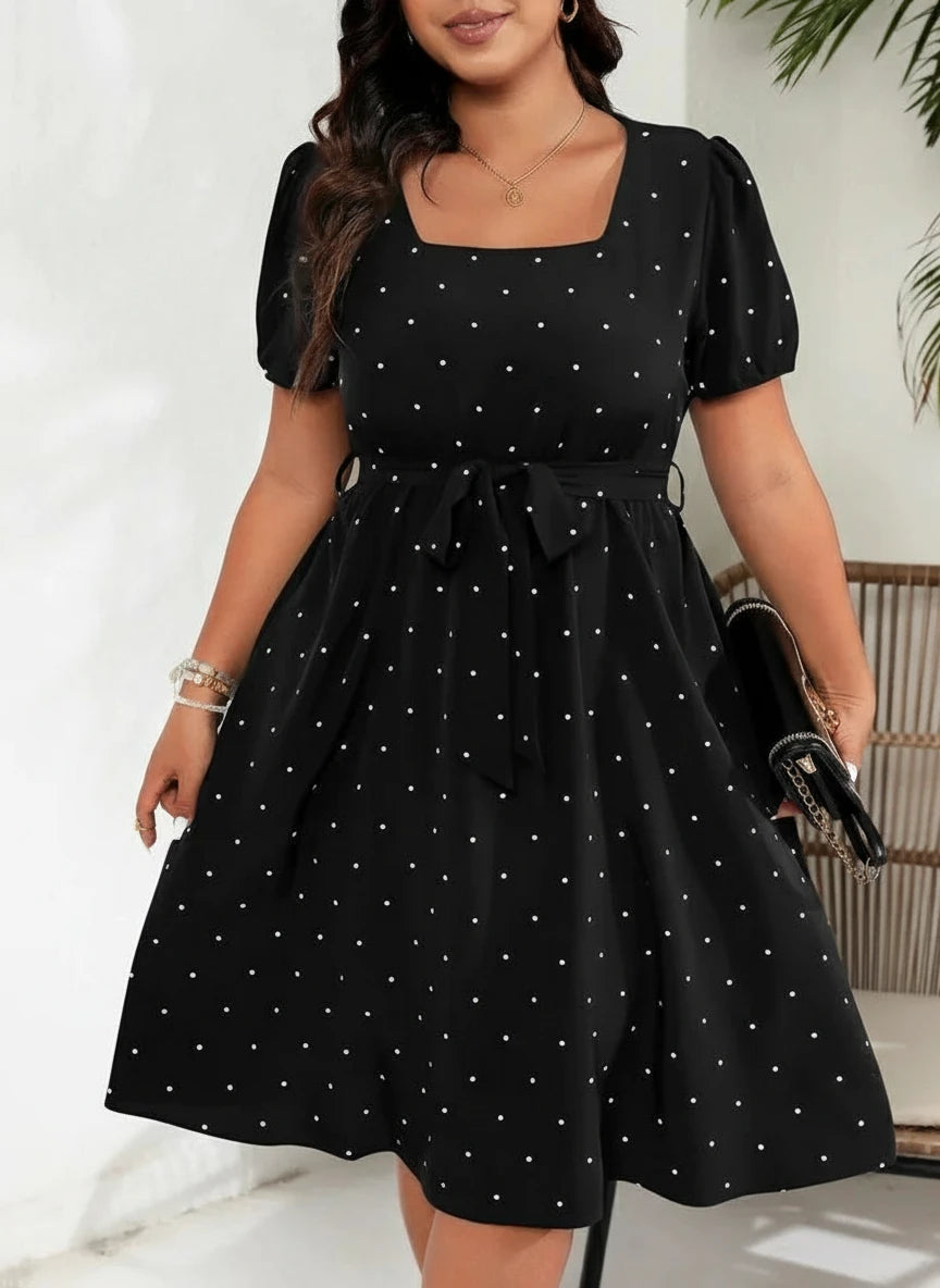 Plus Size Square Neck Polka Dot Belted Retro Puff Sleeve High Waist Dress