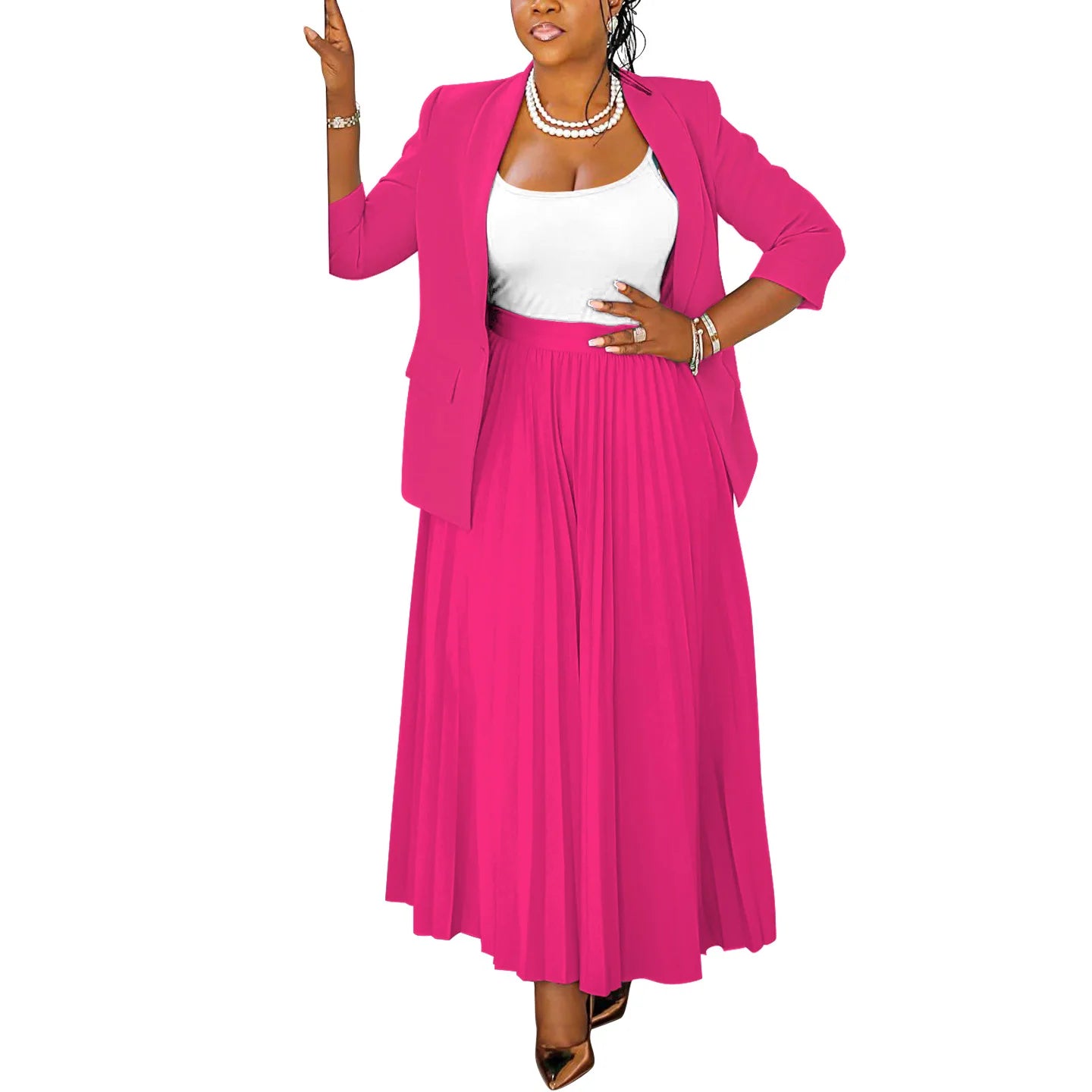 Plus Size Women's Full Sleeve Blazer and Pleated Maxi Skirt