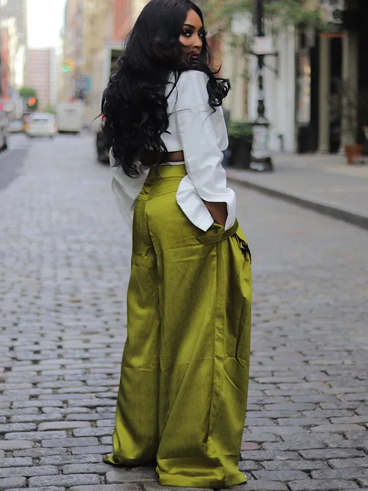 Women's Solid Color Multi-pocket Loose Wide Leg Straight High-Waisted Trousers