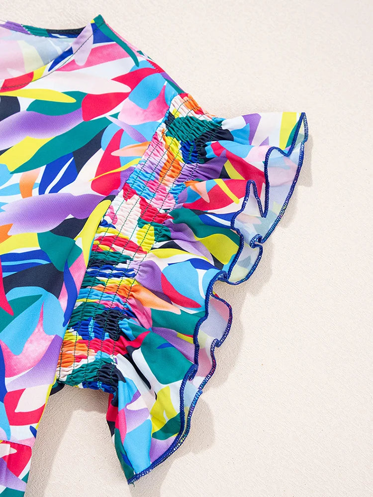 Plus Size Geo Print O-Neck Flying Sleeve Boho Ruffle Hem Loose Dress