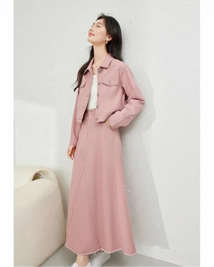 Pink Denim Maxi Jacket Skirt Set