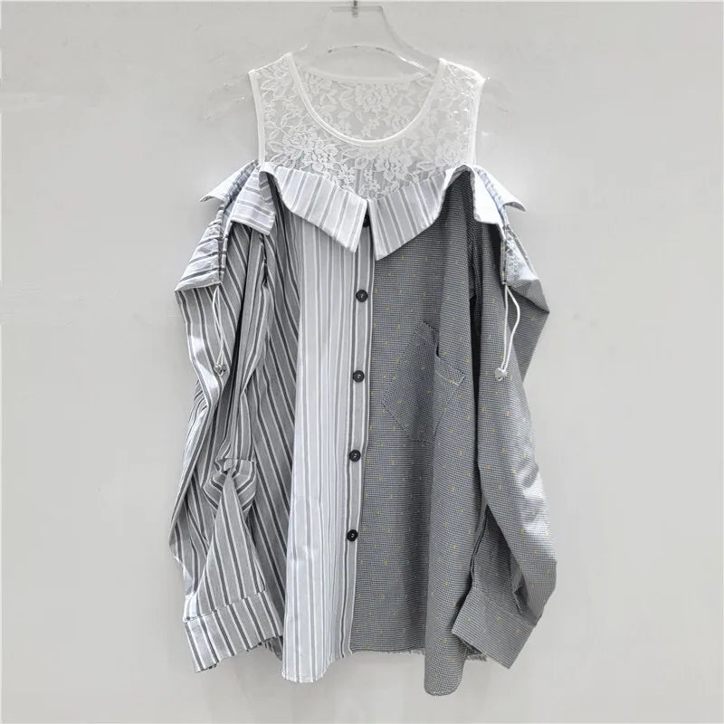 Women's Shirt Loose Patchwork 2 Piece Shoulder Blouse