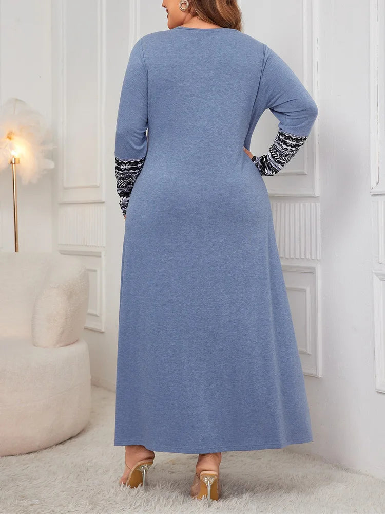 Plus Size Ethnic Print Crew Neck Long Sleeve Maxi Dress