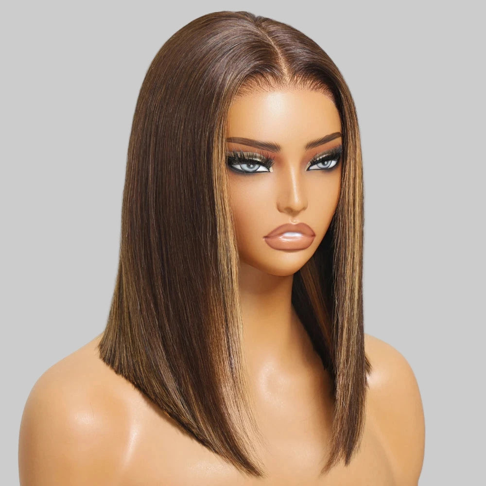 Unice Espresso Brown With Highlights Remy Hair Straight Bob Wig 7x5 Bye Bye Knots