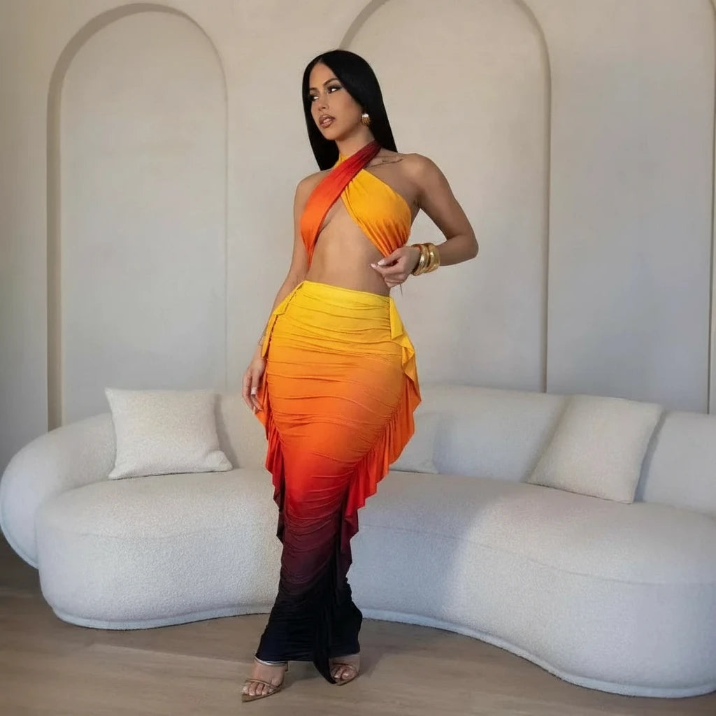 Gradient Printed Women' Sleeveless V Neck Crop Top &  Bodycon Tassel Maxi Skirt