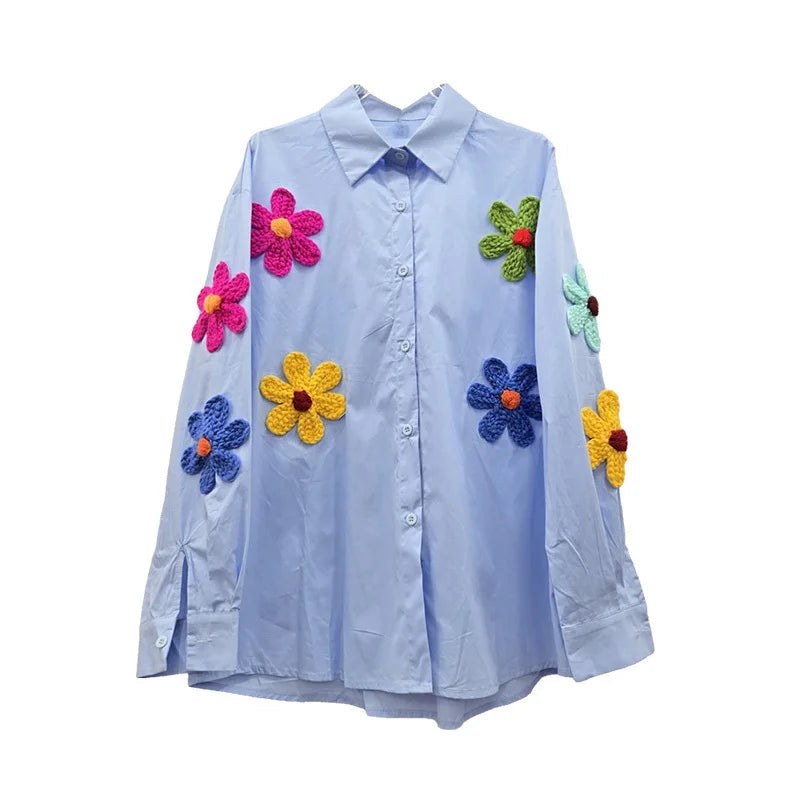 Women's Shirt Loose Colorful 3d Knitted Flower Long Sleeve
