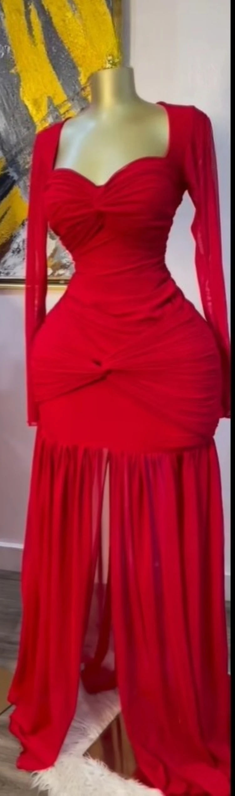 Women’s Stacked Ruched Draped High Split Pleated Maxi Bodycon Dress