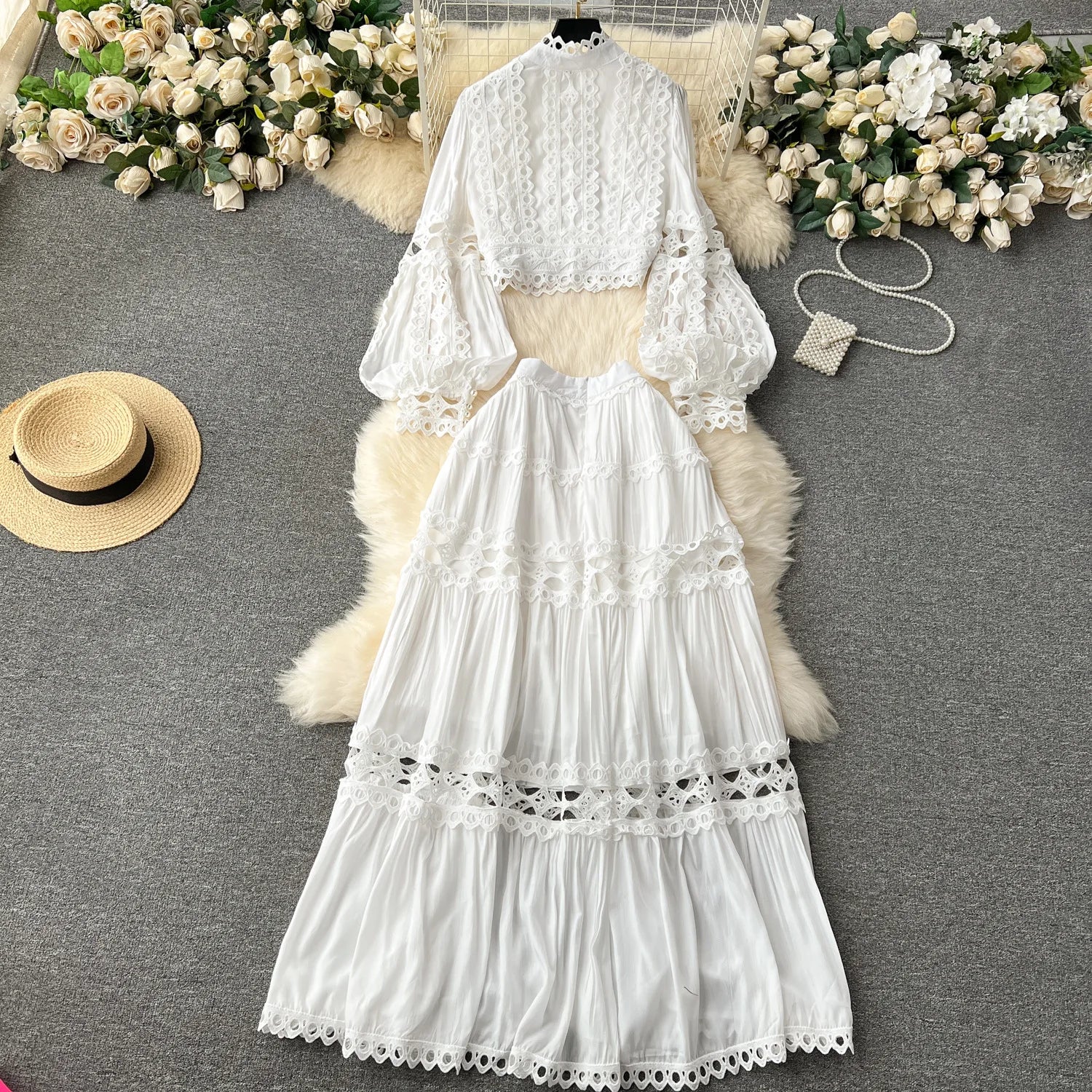 Women's Long Sleeve Lace Top and Pleated Maxi Skirt Set