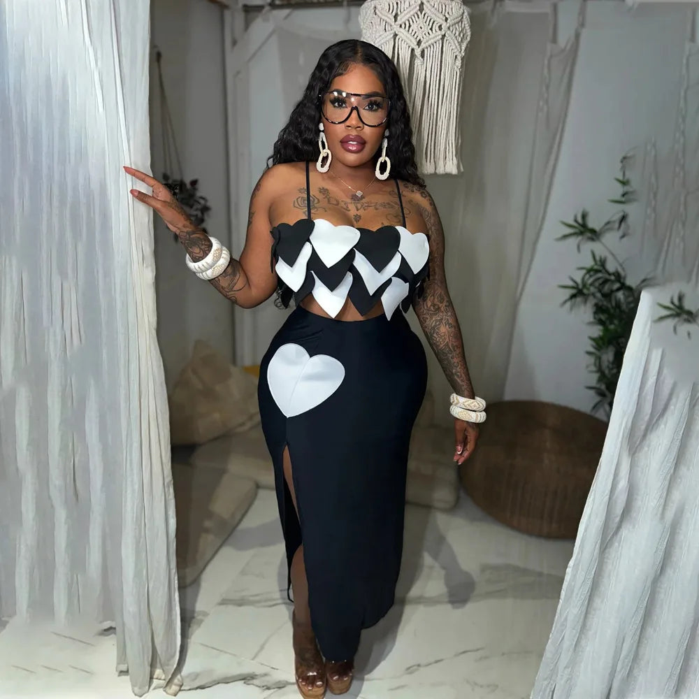 Women's Slash Neck Sweetheart Love Sleeveless Crop Top and Maxi Skirt Set
