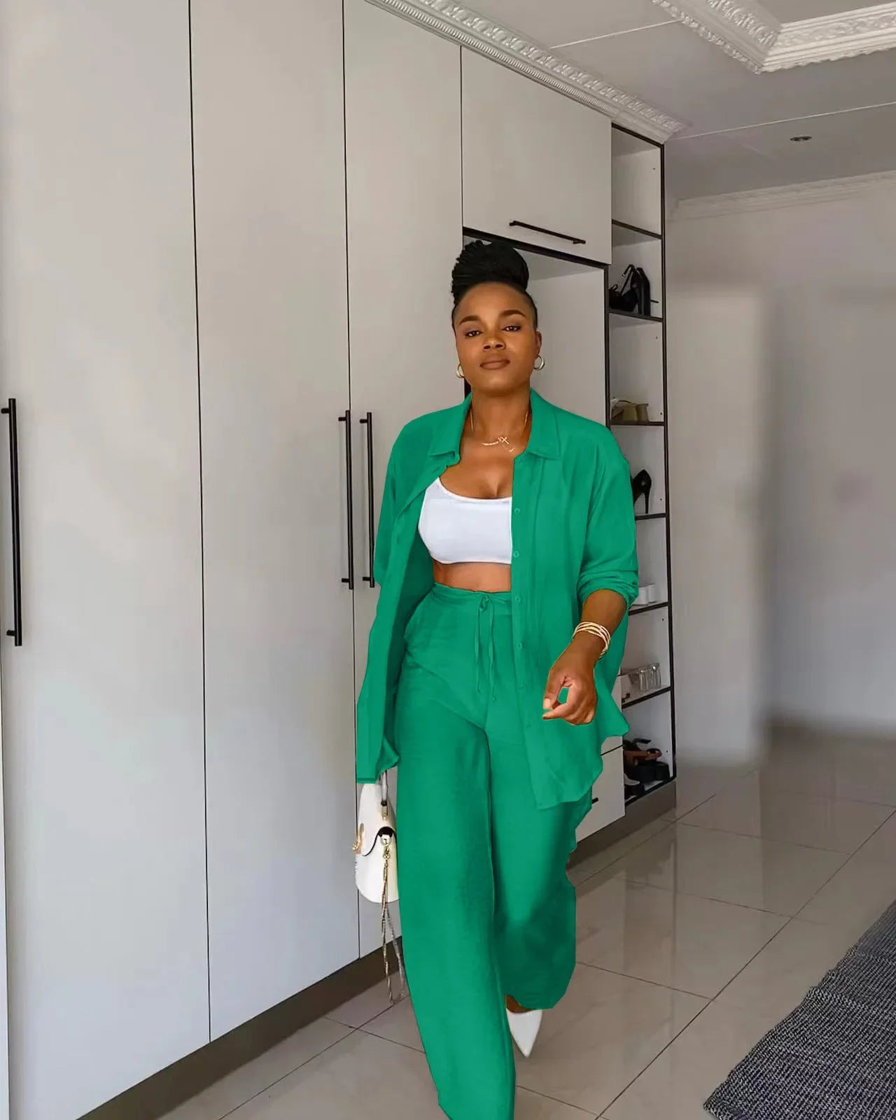 Women's Full Sleeve Single Breasted Shirts & Wide Leg Pants Set