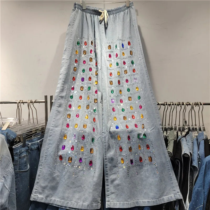 Women's Grid Shaped Hot Diamond Denim Blouse Elastic Waist Loose Wide Leg Jeans 2 Piece Set