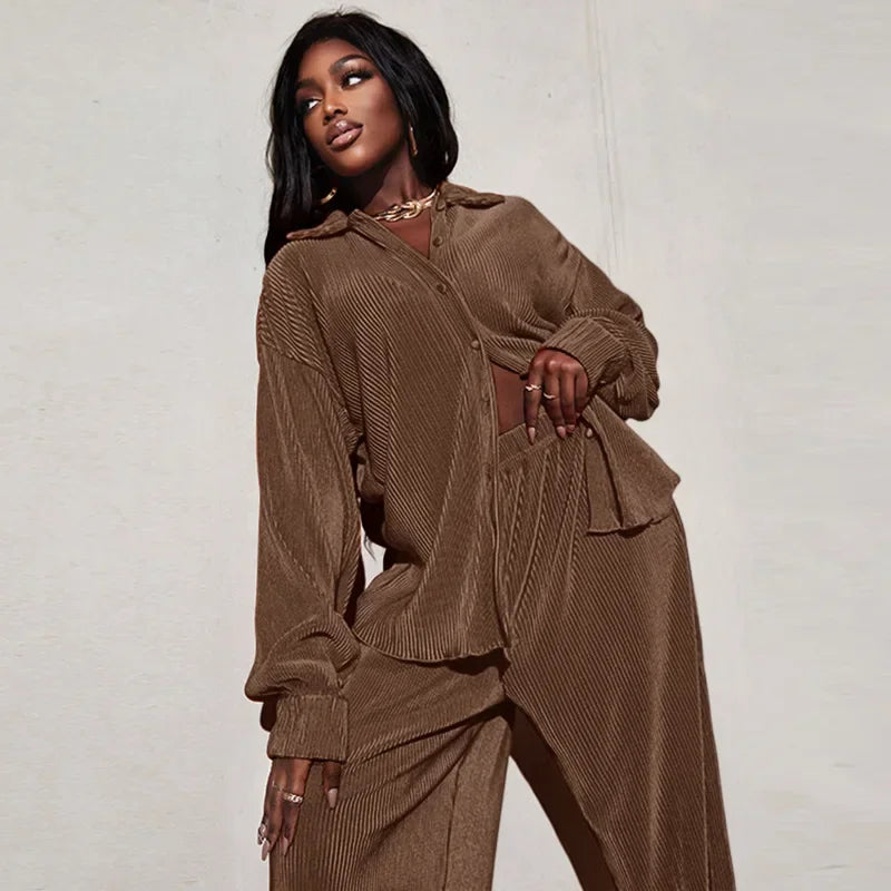Women's Set Long Sleeve Shirt Tops and Wide Leg Pants Elegant Chiffon Two Piece Set Dark Brown