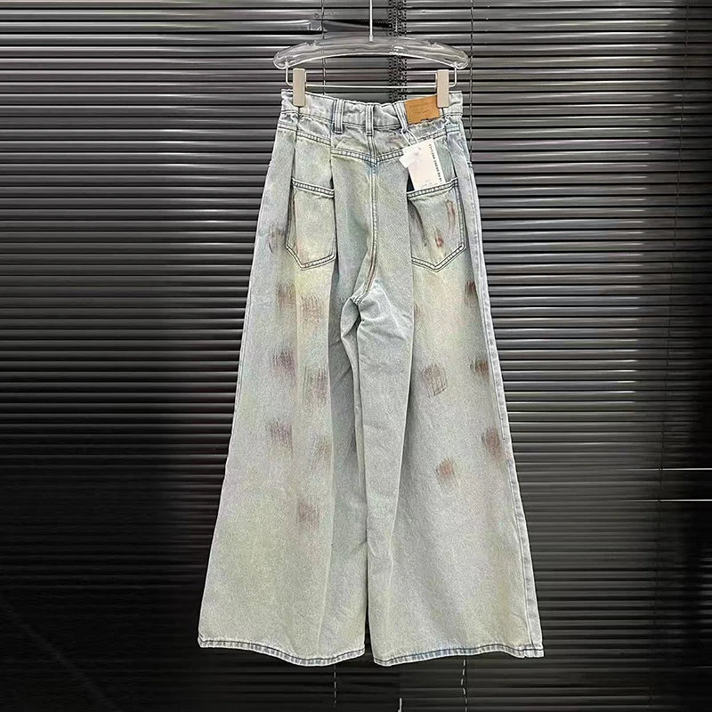 Vintage Back Bandage Design Denim Vest and High Waist Straight Wide Leg Jeans