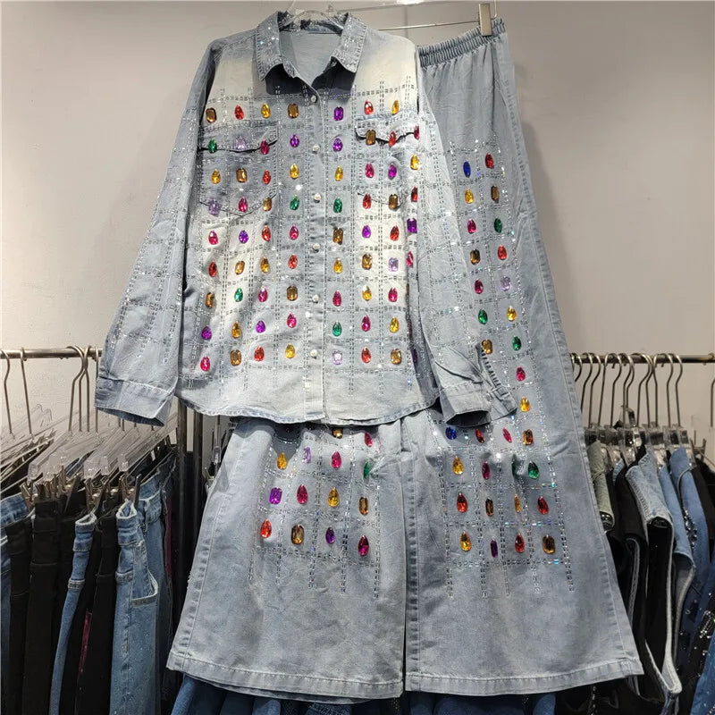 Women's Grid Shaped Hot Diamond Denim Blouse Elastic Waist Loose Wide Leg Jeans 2 Piece Set