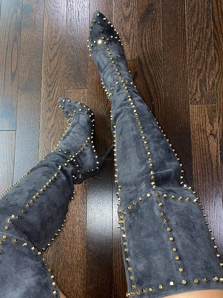 Thin High Heel Rivets Luxury Over The Knee Suede Pointed Toe Boots