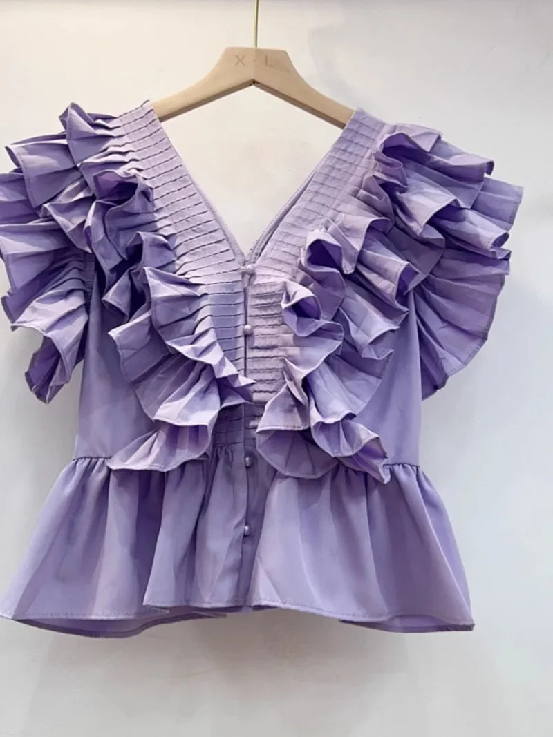 V-neck Flounce Women's Clothes Retro Flying Sleeves Pleat And Waisted Blouse Polyester