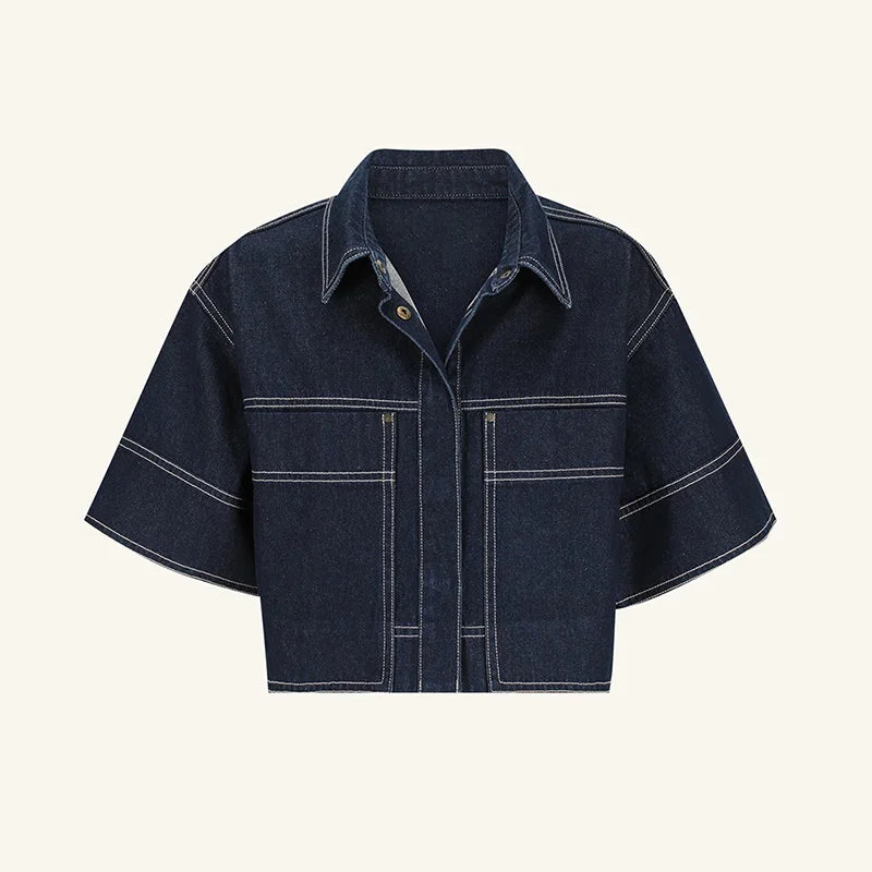 Women’s Lapel Pockets Short-sleeves Denim Shirt + A-line Long Denim Skirt Set