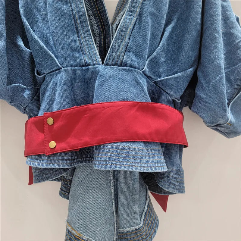 Women's Denim Shirt Deep V-neck Backless Short Sleeve Contrast Blouse