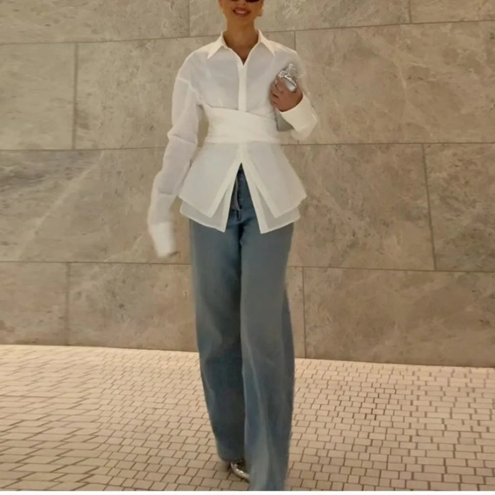Solid Slimming Minimalist Lapel Long Sleeve Tunic Temperament Blouse