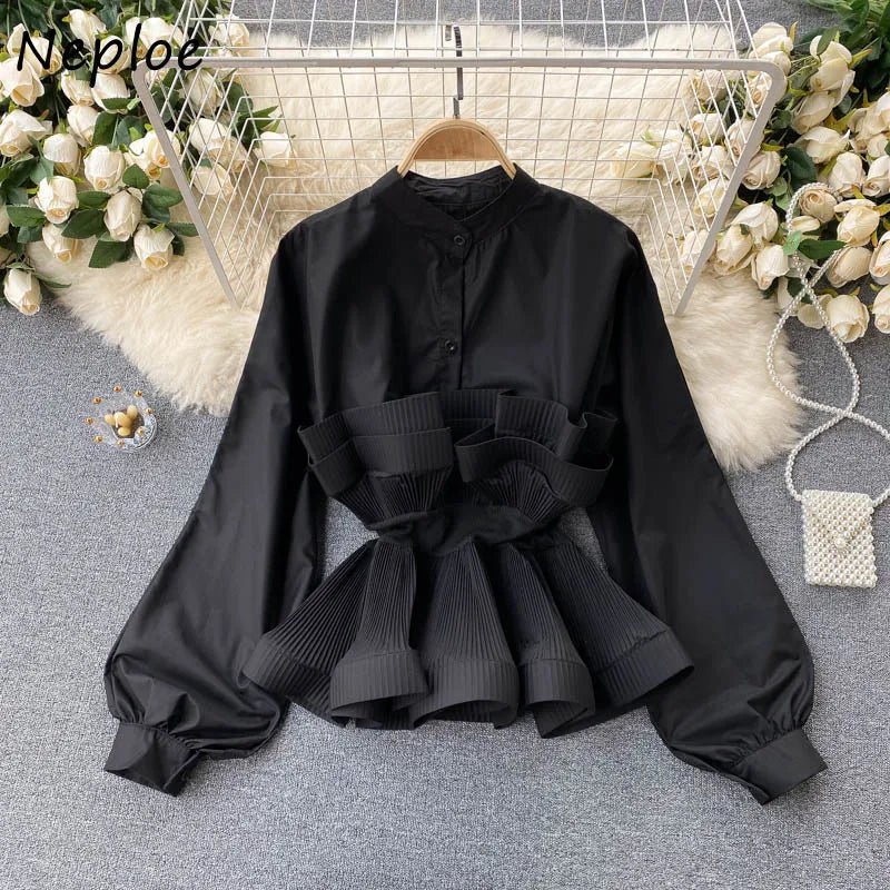 O Neck Puff Long Sleeve Ruffles Patchwork Slim Blouse