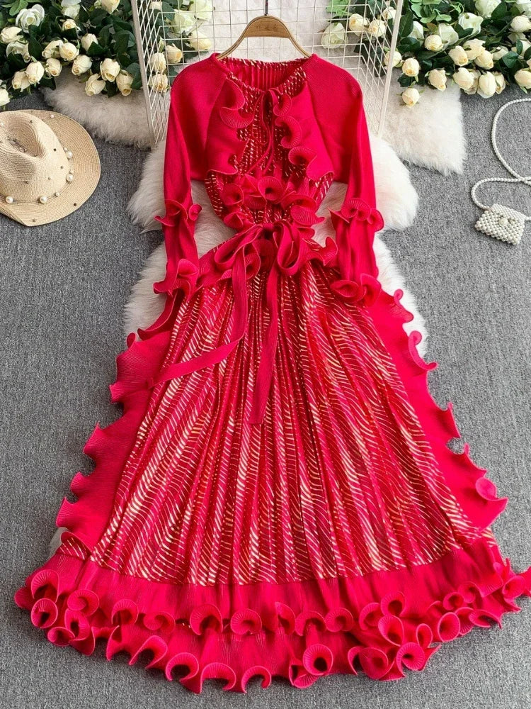 Crew Neck Dress Lotus Leaf Edge Long Waist Pleated Dress