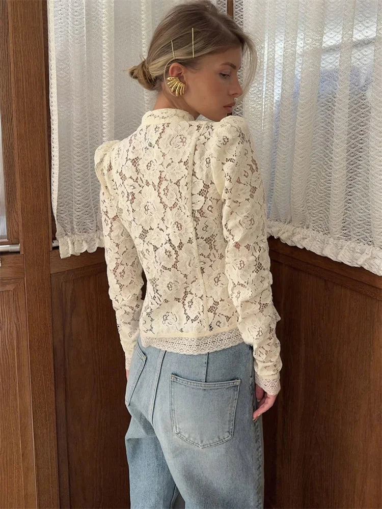 Lace Shrug Printed Hollow Out Vintage See-Through Blouse