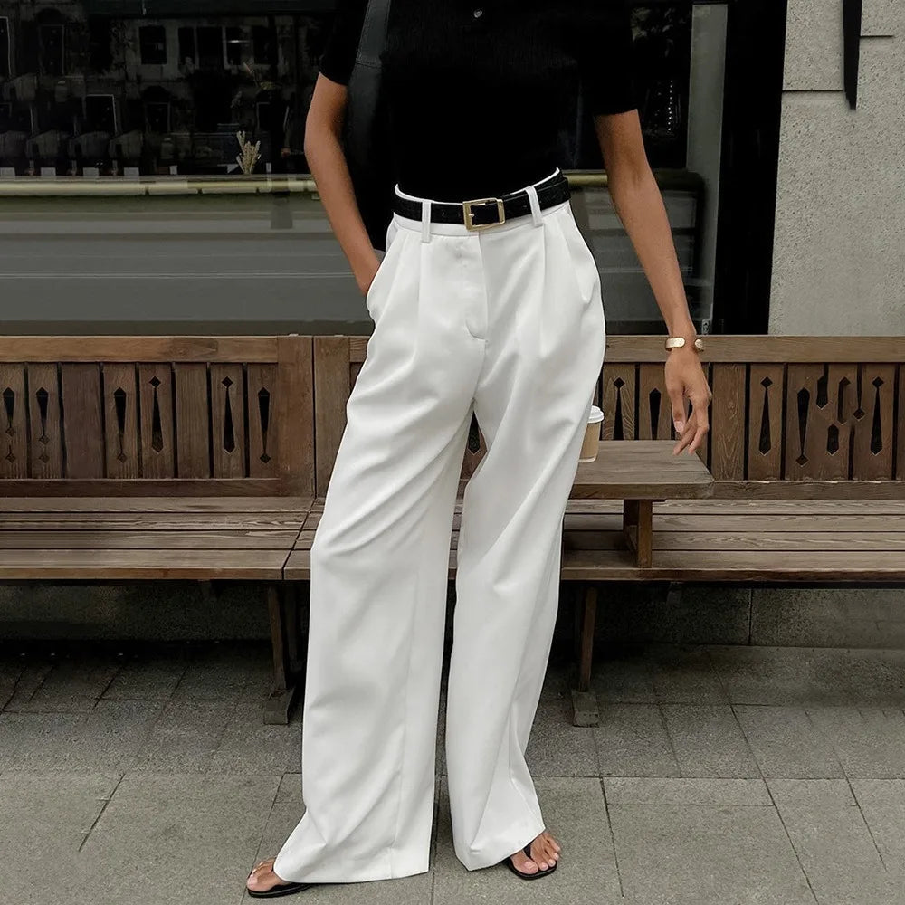 Solid Minimalist Spliced Pockets High Waist Loose Casual Pants