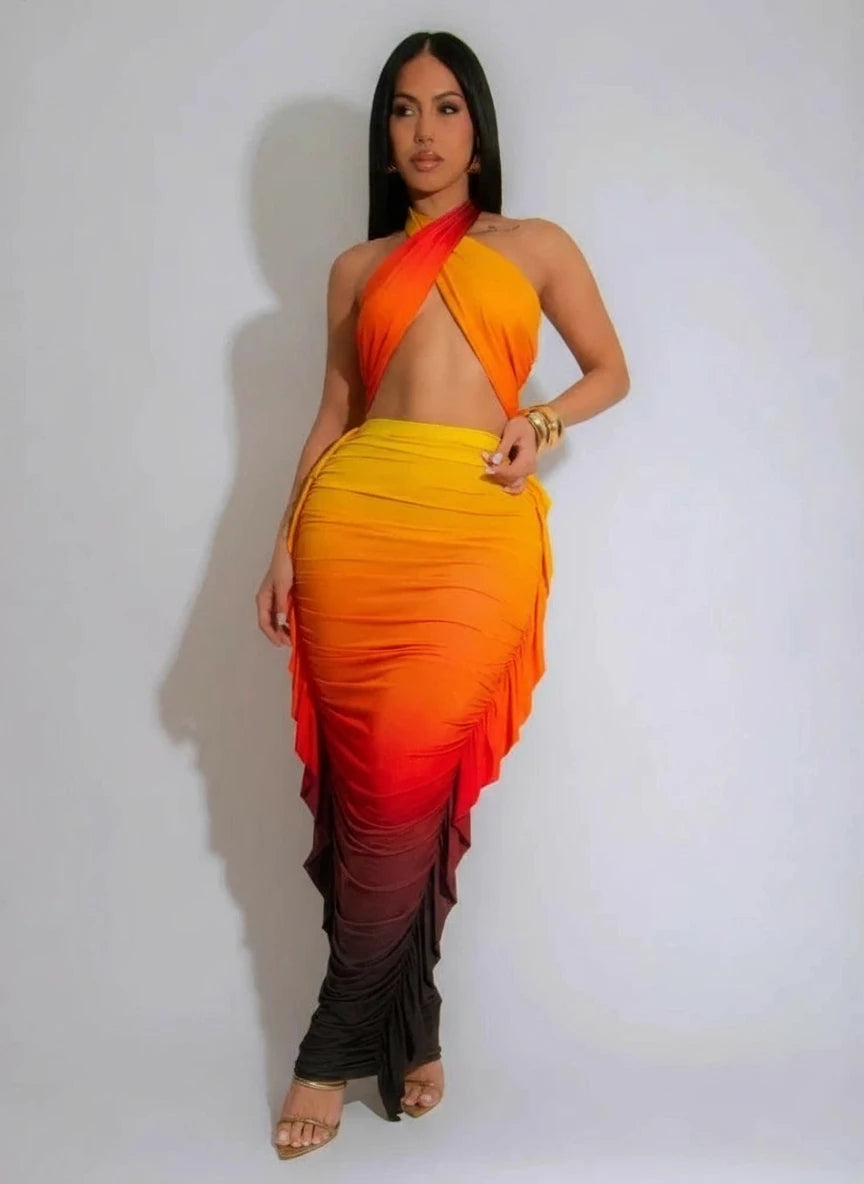 Gradient Printed Women' Sleeveless V Neck Crop Top &  Bodycon Tassel Maxi Skirt