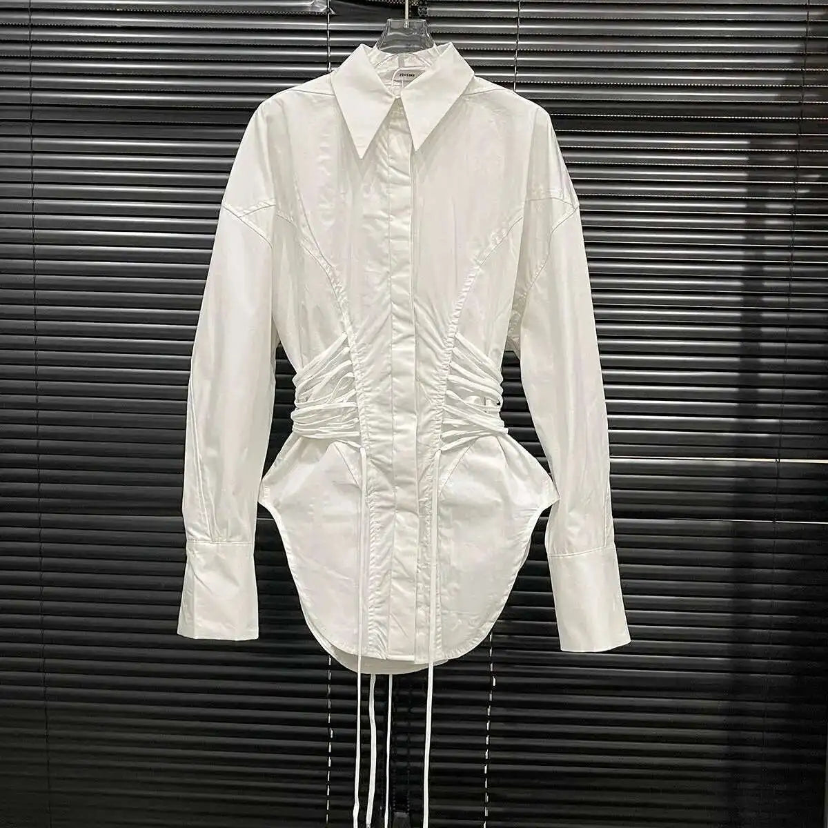 Women's Multiple Drawstrings Lapel Long Sleeves Blouse