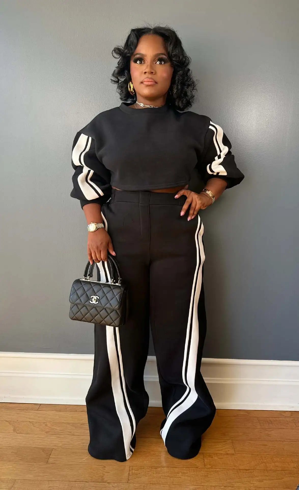 Active Striped Splicing Women's Long Sleeve Sweatshirt and Sweat Pants Tracksuit