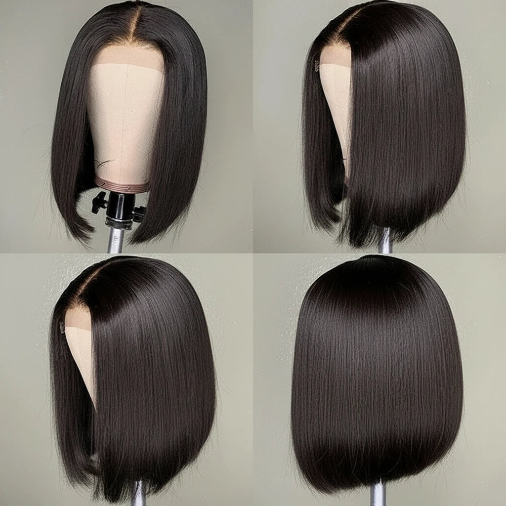 13x4 Lace Front Human Hair Blunt Cut Bob Wig, 4x4 Lace Closure Wig Short Bob Wig