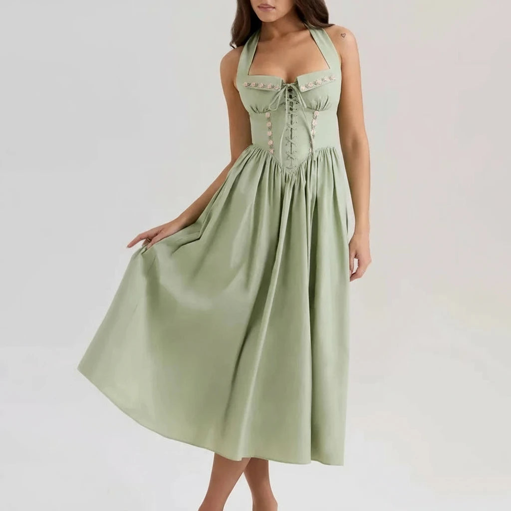 Spliced Lace Up Square Neck Sleeveless High Waist Temperament Slimming Dress