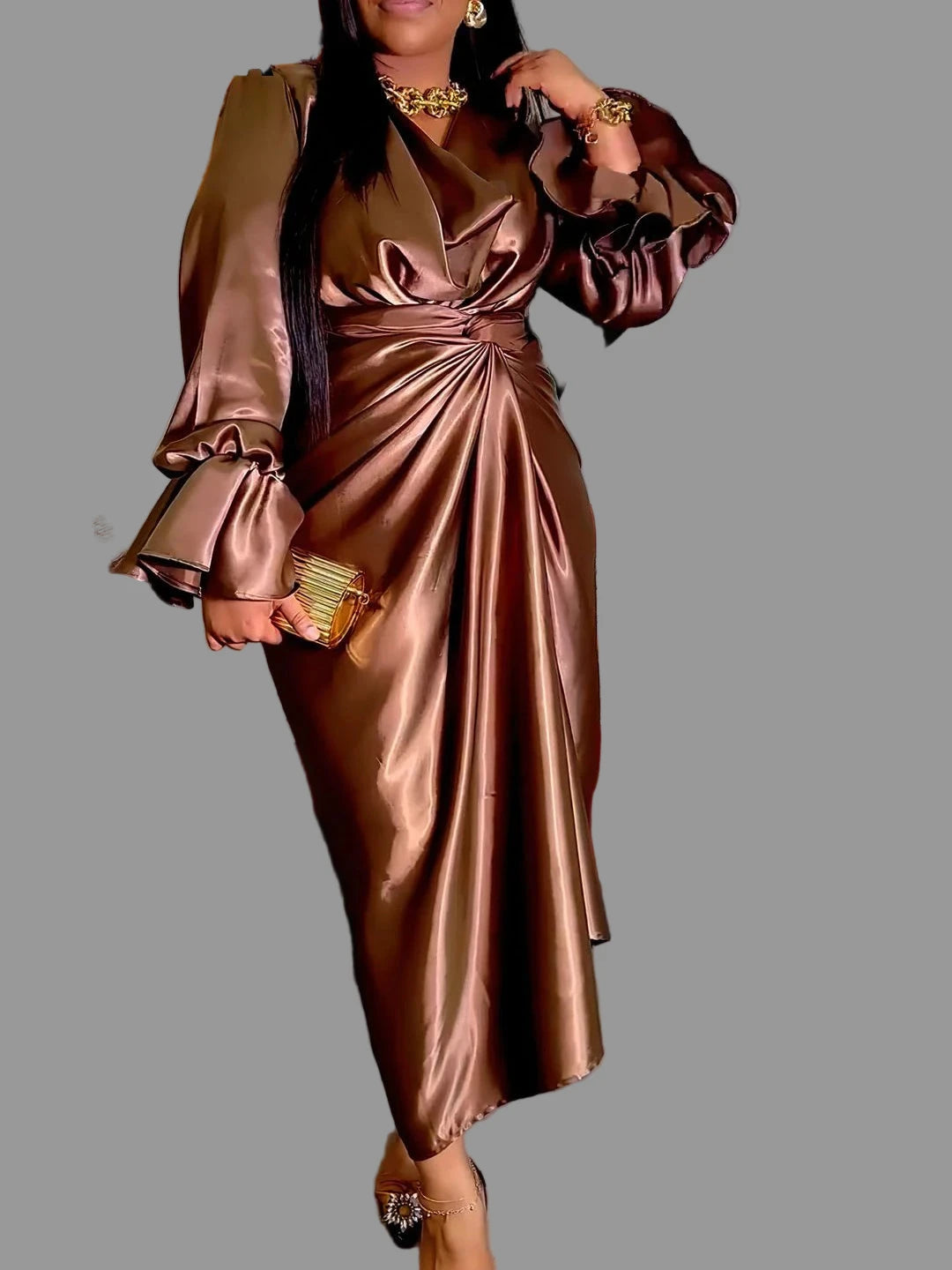 Women's Satin Flare Long Sleeve Pile Collar and Draped Waist Dress