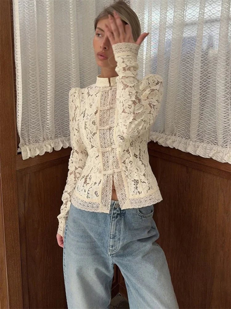 Lace Shrug Printed Hollow Out Vintage See-Through Blouse