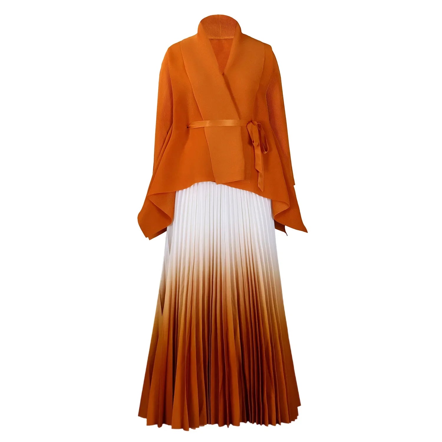 Gradient Women's Full Sleeve V-Neck Blouse with Beltt and Pleated Maxi Skirt Set