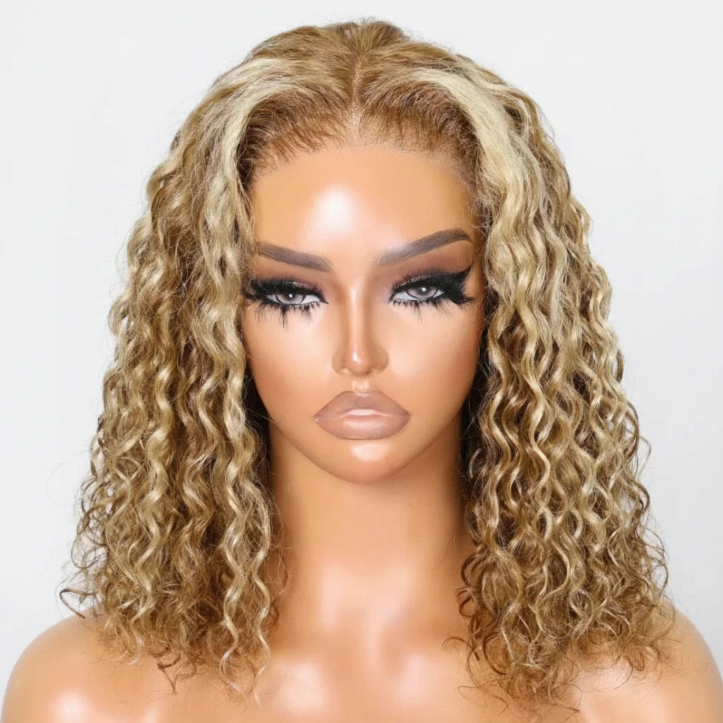 7x5 Water Wave Bob Honey Blonde Highlight Lace Closure Human Hair Wig Ready To Wear