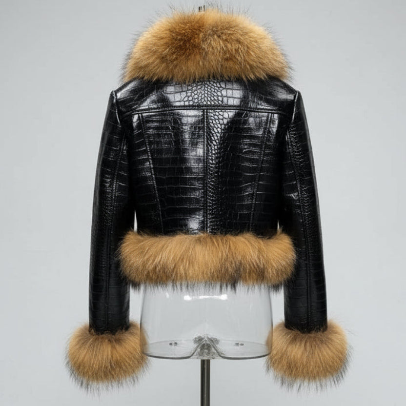 Natural Raccoon Fur Collar Real Leather Jacket
