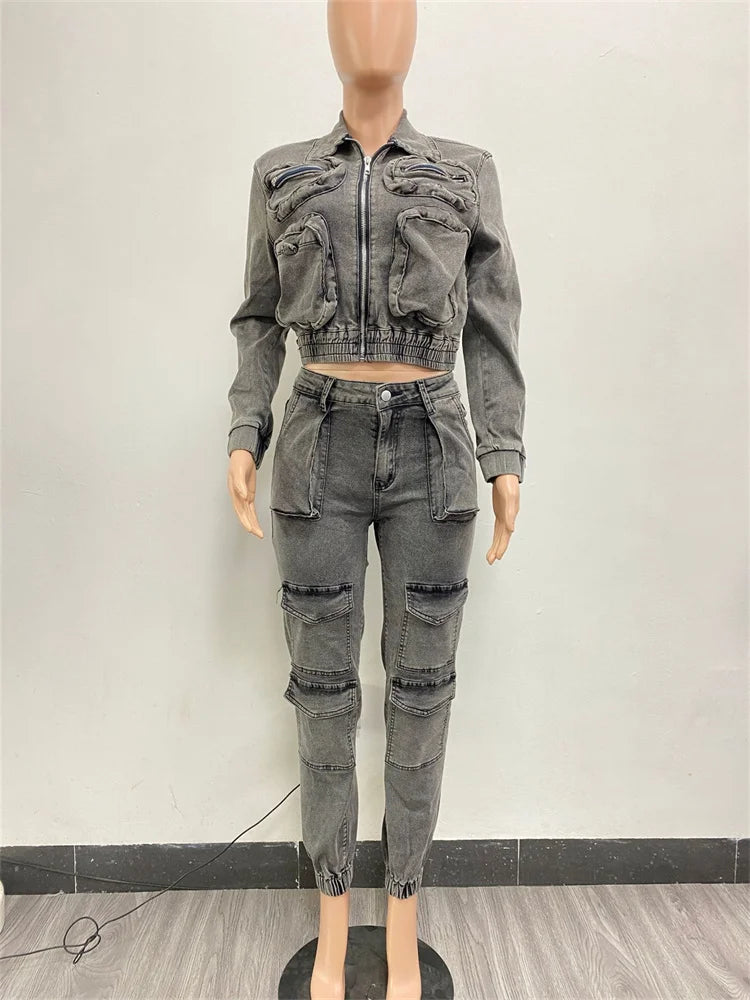 Denim Two Piece Set Women Jacket Coat Top Jeans Cargo Pants