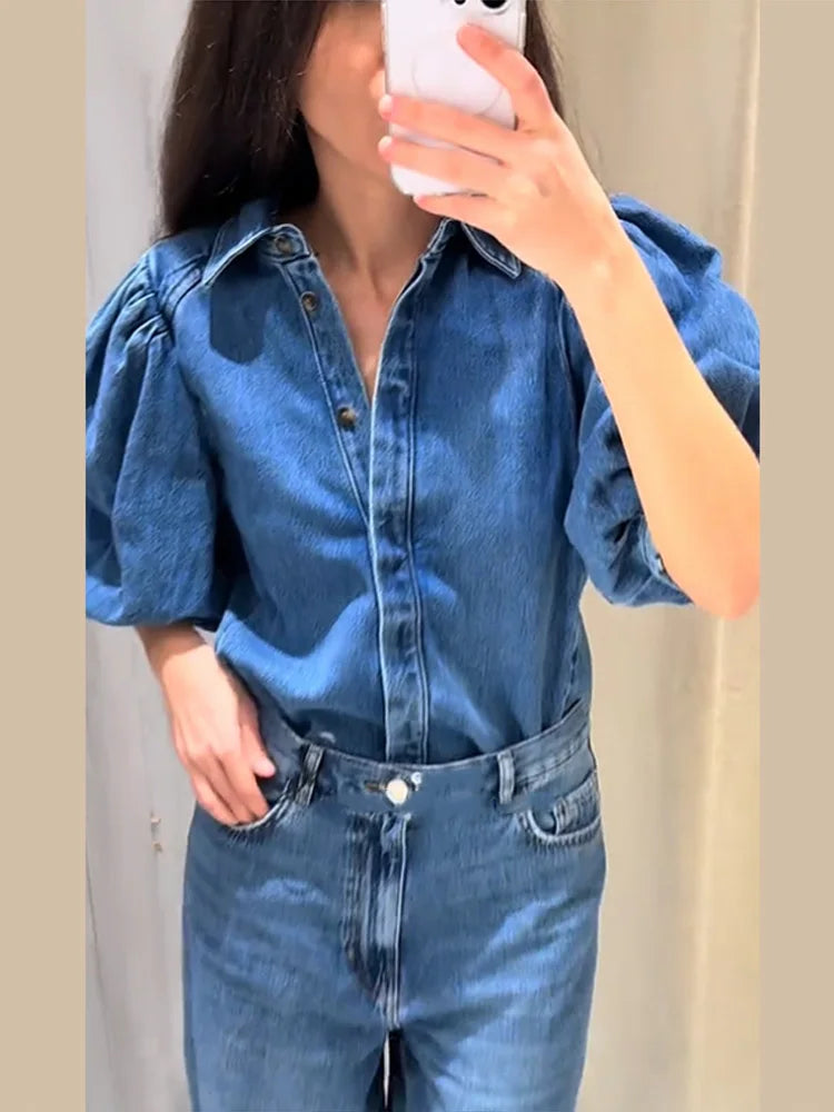 Women’s Denim Short Solid Lapel Half Puff Sleeve Single Breasted Pleated Top