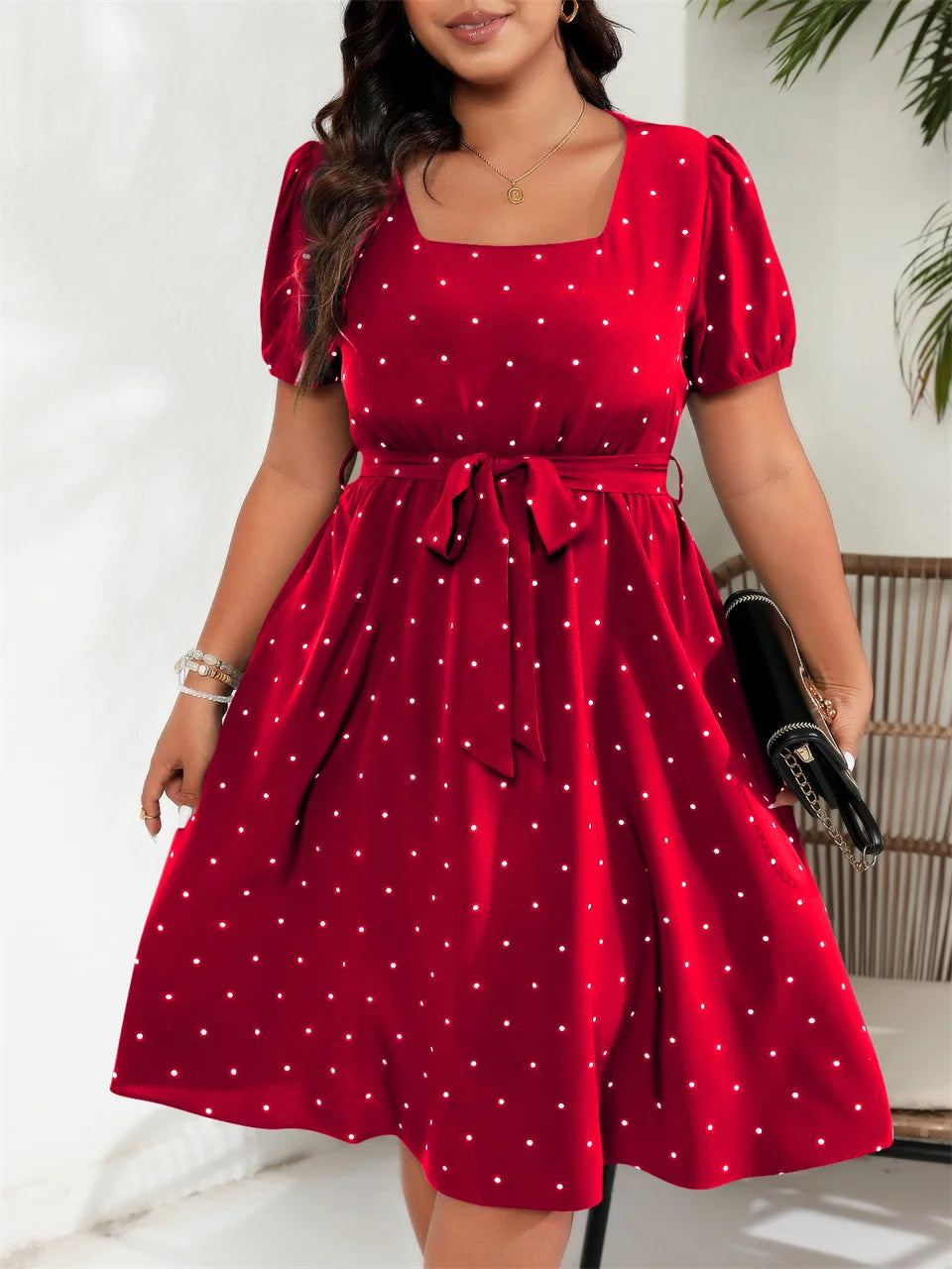 Plus Size Square Neck Polka Dot Belted Retro Puff Sleeve High Waist Dress