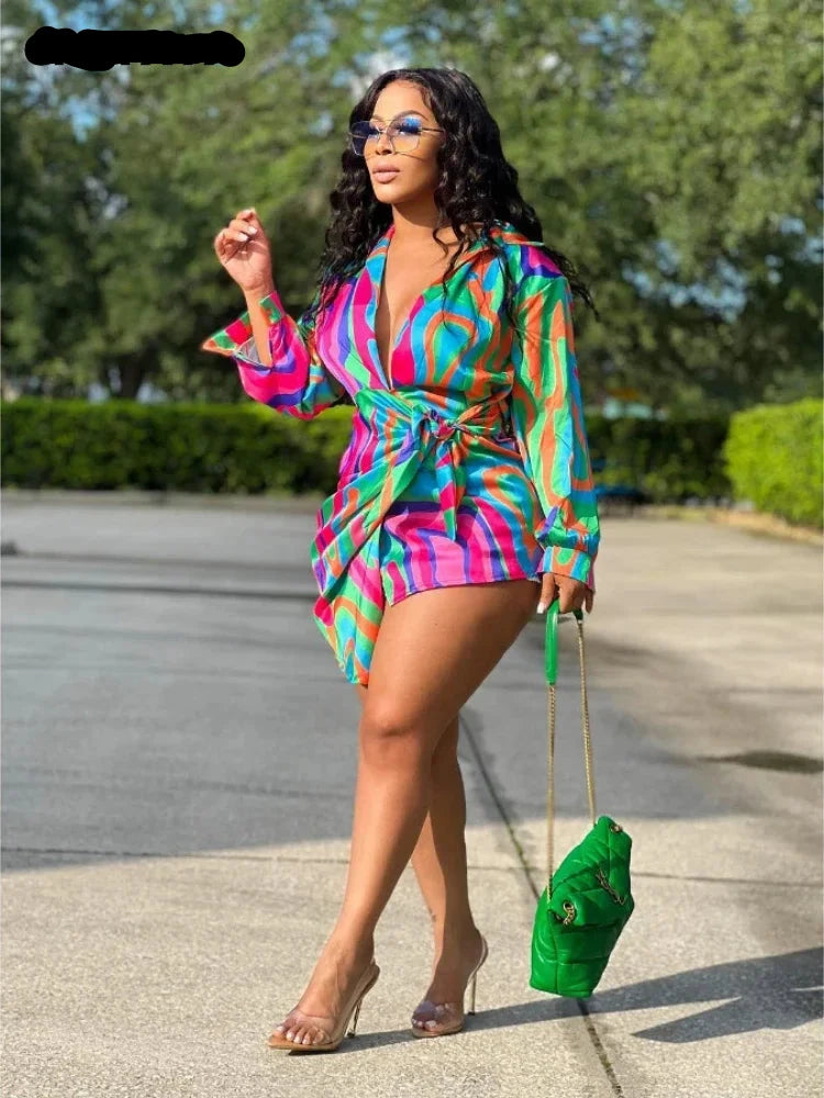 Satin Tie Dye Wrapped Turn-down Neck Lapel Long Sleeve Asymmetrical Shirt