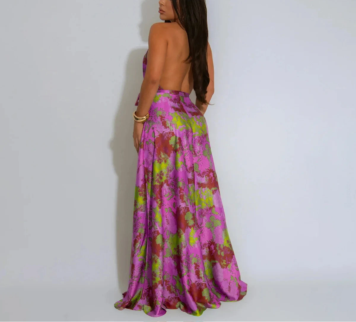 Printed Women’s Halter V-neck Backless Wide Leg Maxi Dress