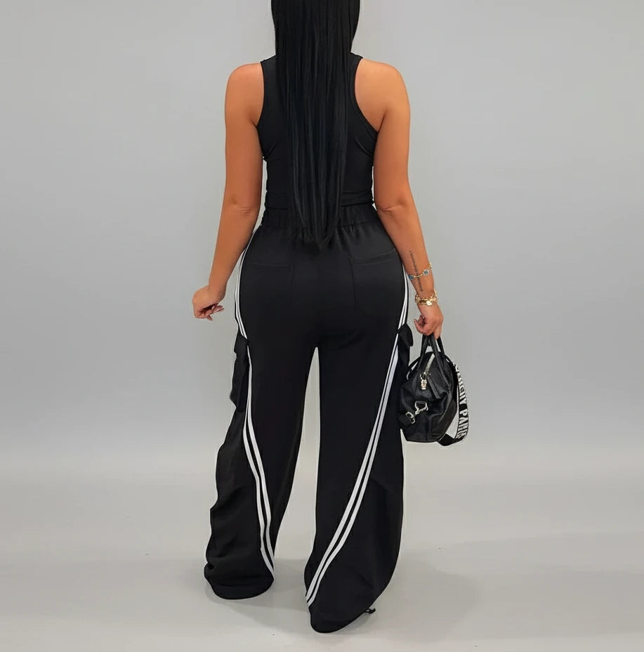 Women’s Denim Patchwork Pocket Side Wide Leg Loose Jogger Pants
