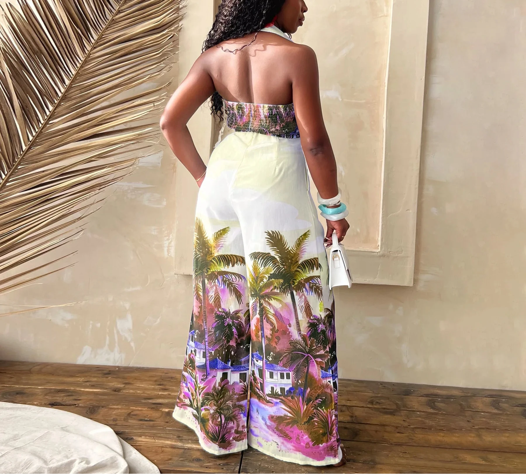 Printed Women's Sleeveless Tie Up Blouse with Turn Down Collar and Wide Leg Pant Set