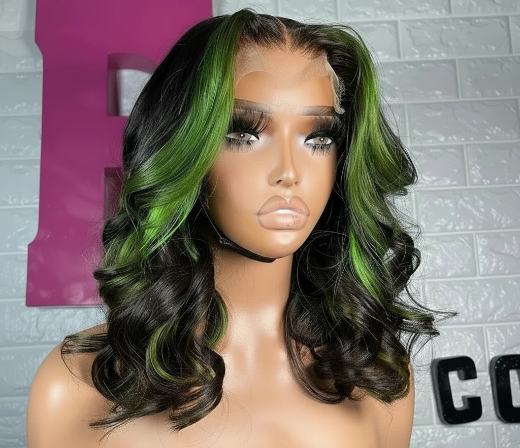 Highlight Green Body Wave Bob Lace Frontal Human Hair  13x4 Short Bob WIG